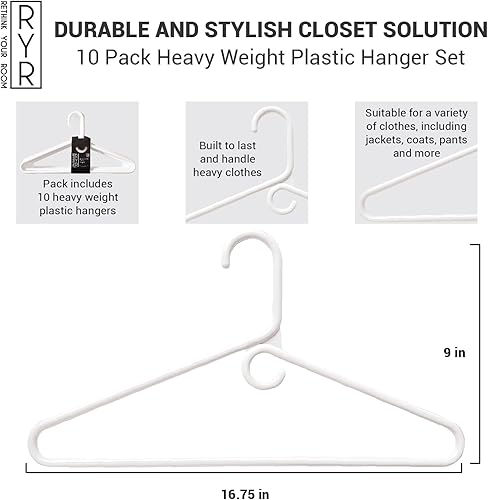 Miniatura 3 de Paquete de 10 perchas de plástico pesadas, solución duradera y que ahorra espacio, esenciales para el hogar, ideal para la organización del armario,