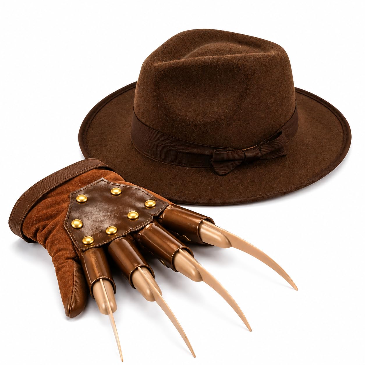 Makii Mens Halloween Freddy Costume - Adults Red/Green Jumper With Explorer Hat & Claw Glove Set Scary Street Fancy Dress Halloween Costumes UK (Hat + Claw, One Size) — image 1