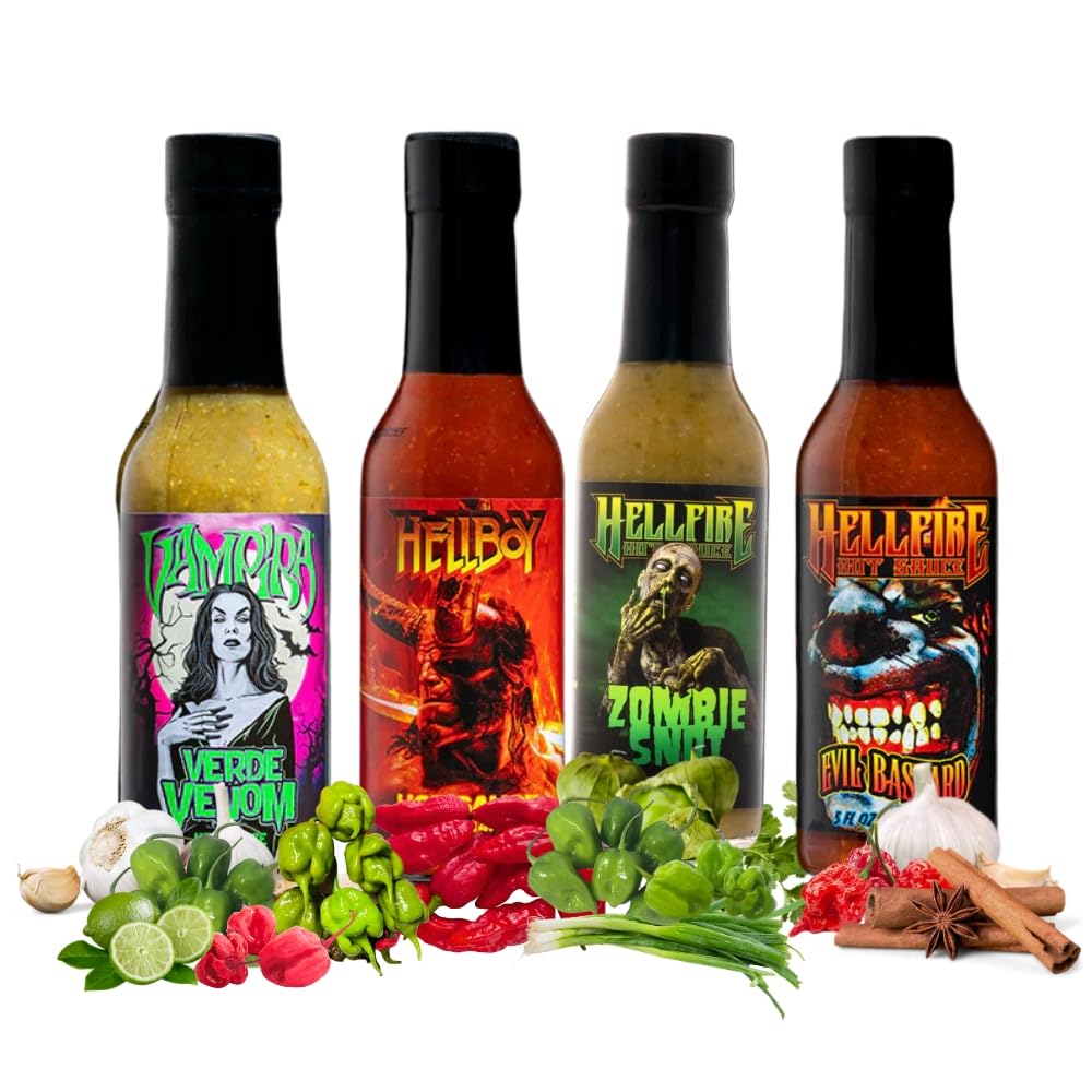 Hellfire Hot Sauce Gift Pack - Gourmet Hot Sauce Variety Pack With 4 Scary Flavors for Parties or Gifts (Four 5 oz. Bottles)