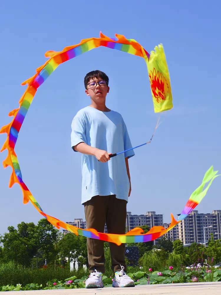 16.4FT 3D Rainbow Dragon Poi, 5 Meters of Flag Silk-like Flowy Rainbow Poi - Flinging The Dragon Spiral Practice Ribbon Streamer with adjustable 90cm Fiberglass Wand and Travel Carry Bag