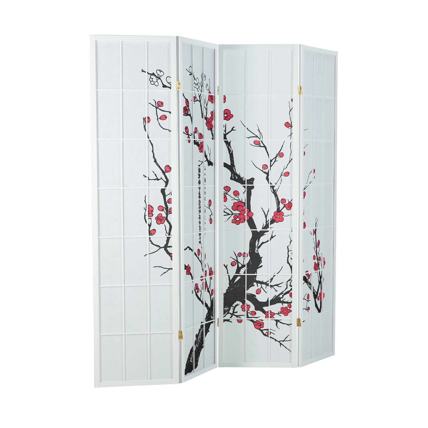 Homestyle4u 4 pan Pliante modèle de cloison - cloison Bois Shoji en Blanc avec des Fleurs de Cerisier - Salle écran