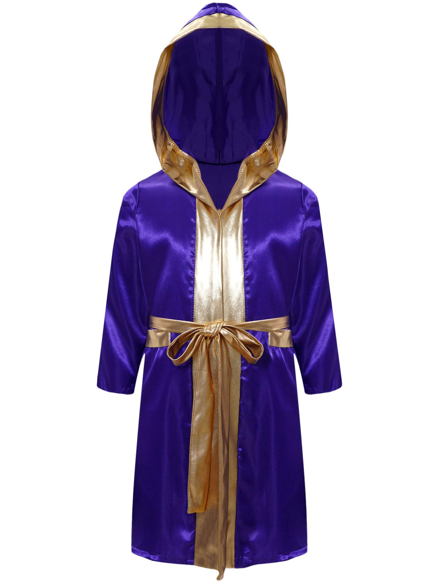 Loodgao Kids Boys Boxing Robe Long Satin Hooded Cloak with Belt Halloween Boxer Fancy Dress Up Purple 5-6 Years