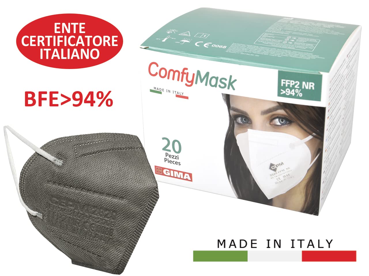 Gima CEPM Comfymask Masque Filtrant FFP2 NR, Fabriqué en Italie, 5 couches, Couleur Gris Clair, Barrette Nasale Conformable, avec élastiques, certifié EPI, 20 Masque dans des sachets de 2 pièces