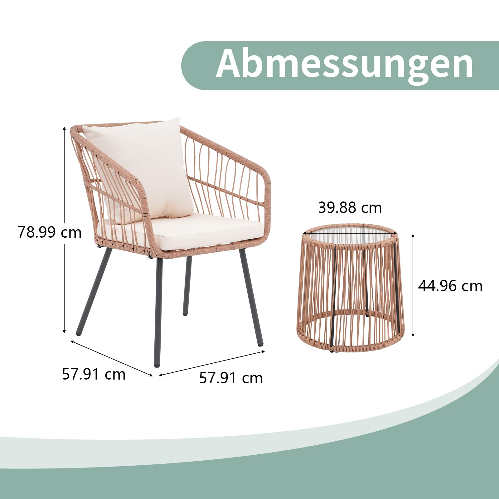 OC Orange-Casual Outdoor 3-TLG Balkon Set, Bistro Set, Rattan Gartenmöbel mit Kissen, Couchtisch mit Glastischplatte,Sitzgruppe für Garten, Balkon, Hinterhof, Natur