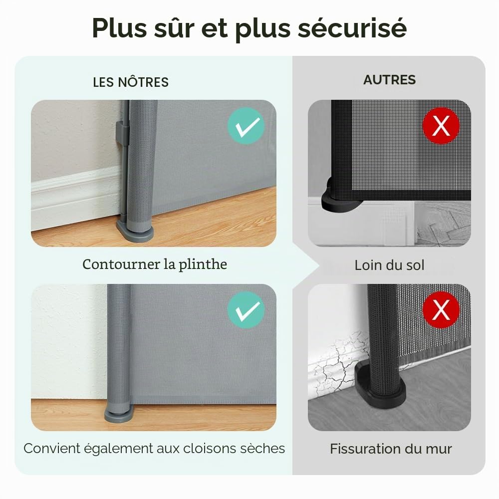 COMOMY 0 à 300cm Barriere de Securite Retractable, Barriere de Securite Enfant, Bébés,Chiens et Chats, Opération à Une Main, Gain de Place, Barrière Extensible pour Escalier/Portes/Extérieur, Gris