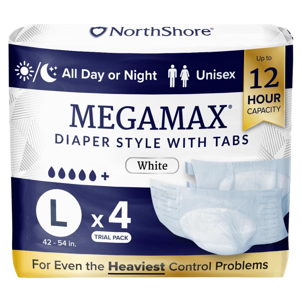 NorthShore MegaMax Adult Overnight Diapers, 12-Hour Tab-Style, Large, 4 Count Starter Pack, White, 42-54 inches, Unisex Incontinence Underwear