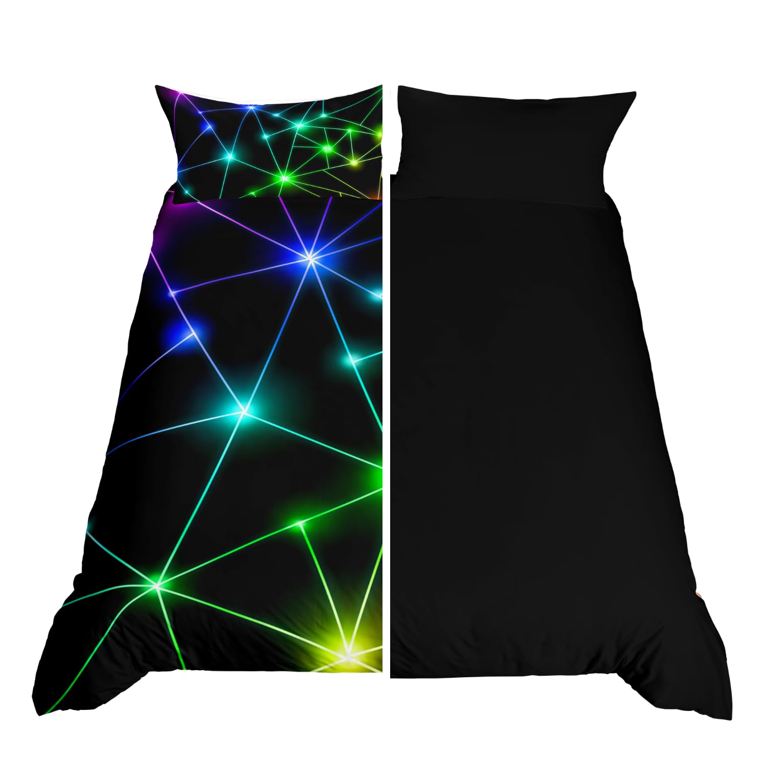 Homewish Neon Geometric Duvet Cover Double, Reversible Black Bedding Set Retro Triangle Pattern Quilt Cover with 2 Pillowcases, Abstract Rays Printed Bed Sets for Teens Boys Girls Bedroom