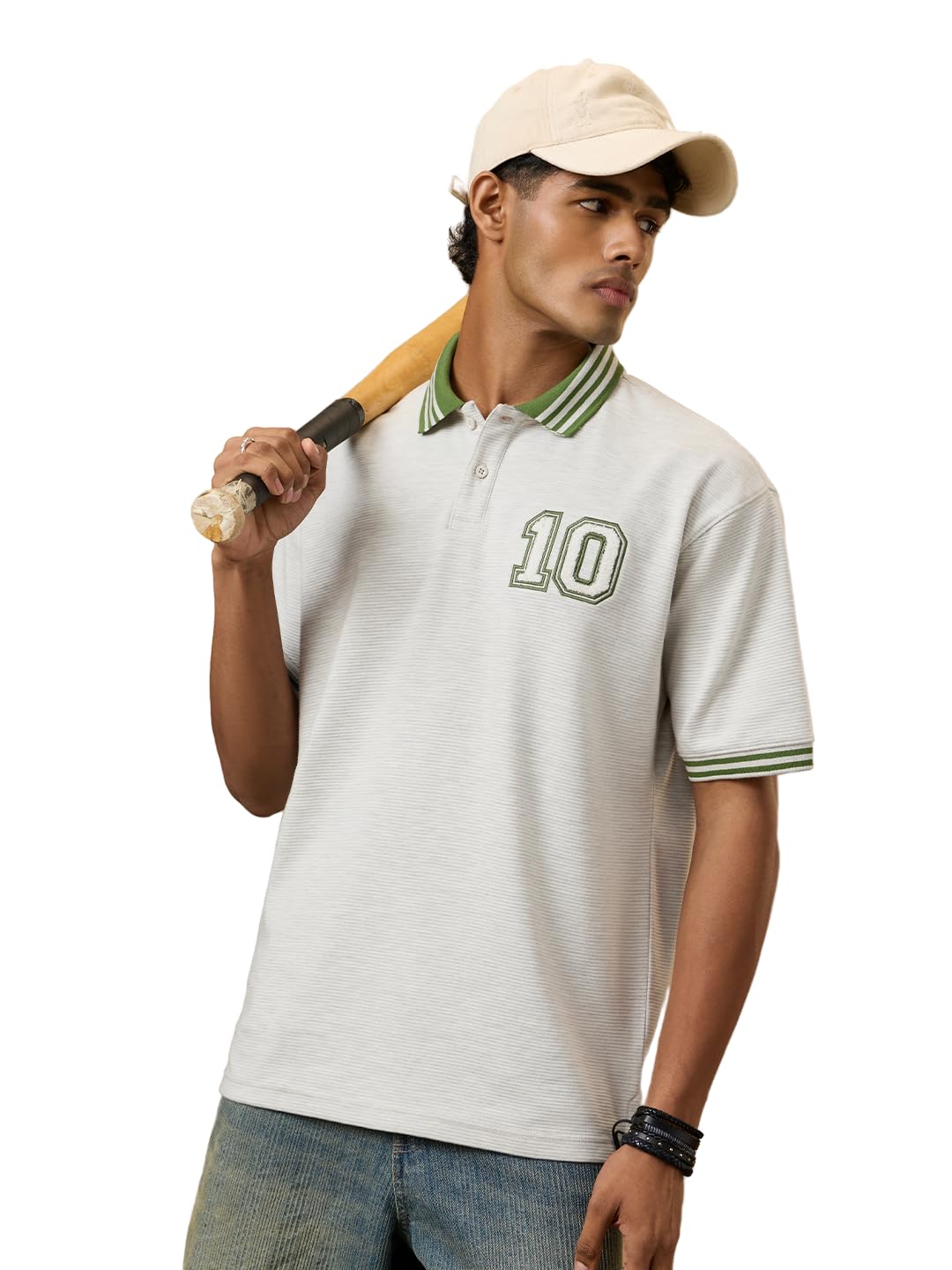 Oversized Polo: White Sand Men and Boys Short Sleeve Polo Neck Off-White Green Embroidered Cotton Poly Oversized Breathable Streetwear Varsity Casual Polos-image-15