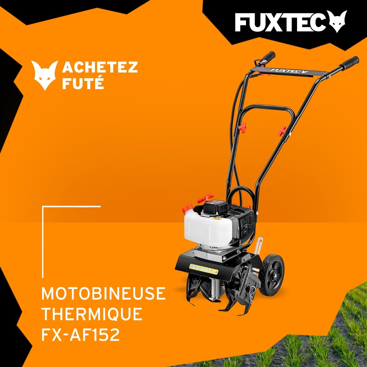 FUXTEC Motobineuse thermique FX-AF152 – Moteur 2 temps 51,6 cm³ – 23 cm de largeur – Profondeur de 70 mm – Fraises étoilées – Léger & maniable – Poignée ergonomique