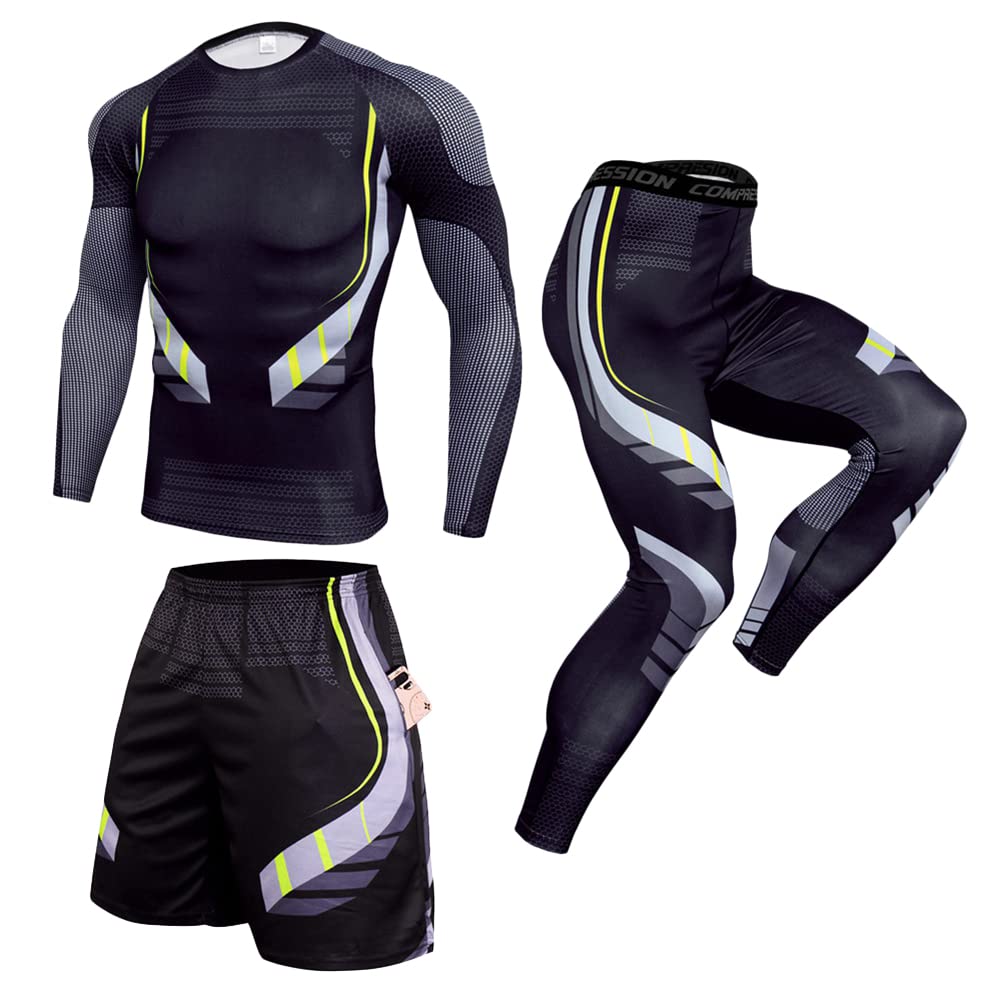 Ensemble de Vêtements de Sport pour Homme 3 Pièces Ensemble de Compression Tenue Sport Fitness Base Layer Maillot Manches Longues + Pantalon Collant + Shorts