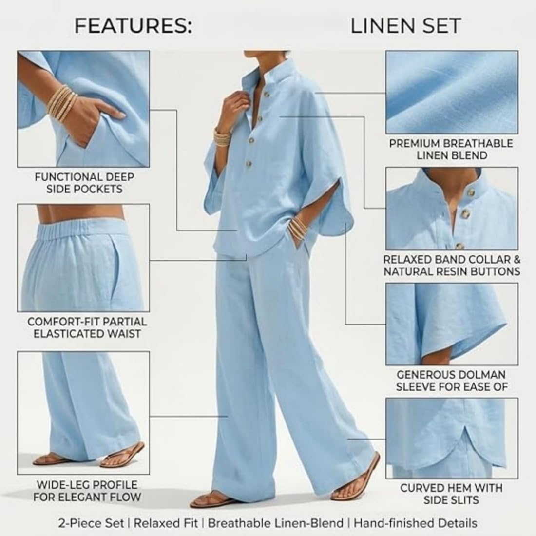 Conjunto de dos piezas de lino y algodón con mangas murciélago para mujer: camisa informal y pantalón de pierna ancha, traje de lino informal de verano, mangas murciélago de 3/4