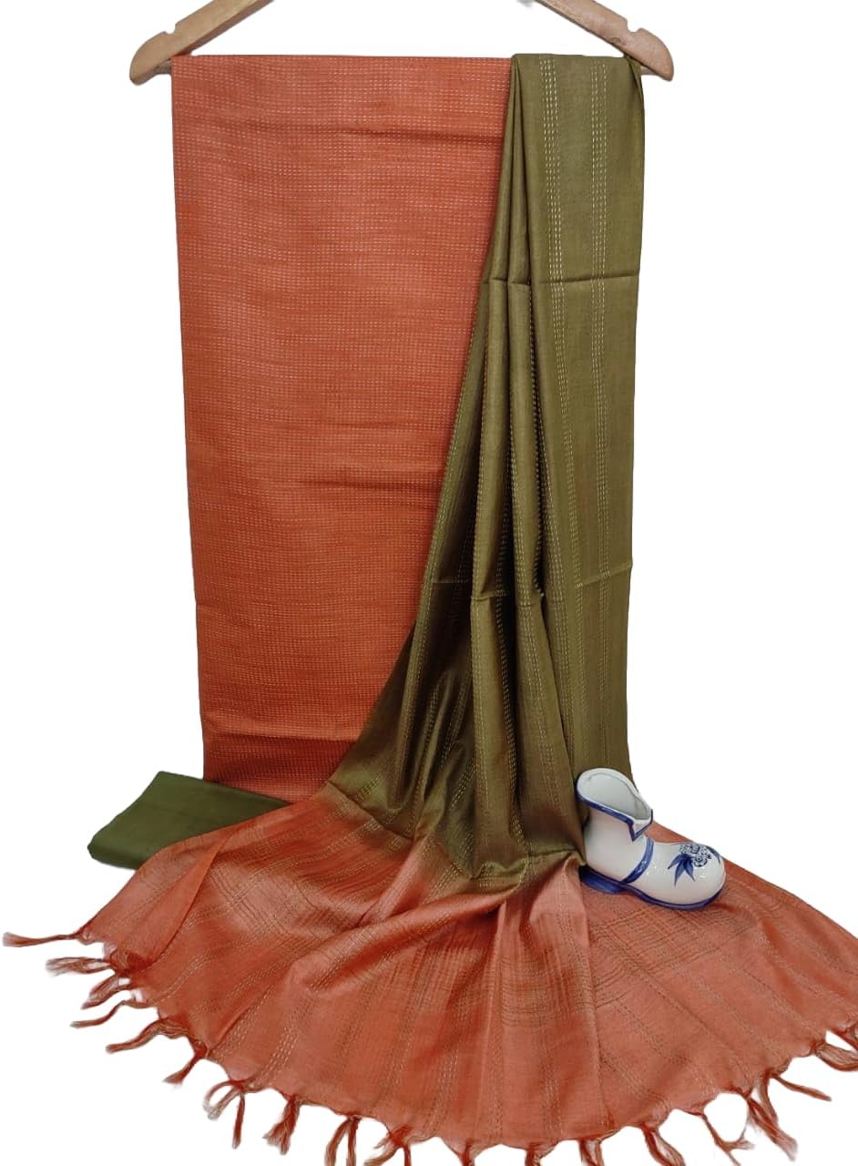 HAIDER ALI AND SONSHAIDER ALI Handloom Semi Tussar Silk Unstitched Suit Set for Women with Dupatta | Salwar Suit Dress Material for Women & Girls | Top - 2.5 Mtrs, Bottom - 2.50 Mtrs & Dupatta - 2.3 Mtrs