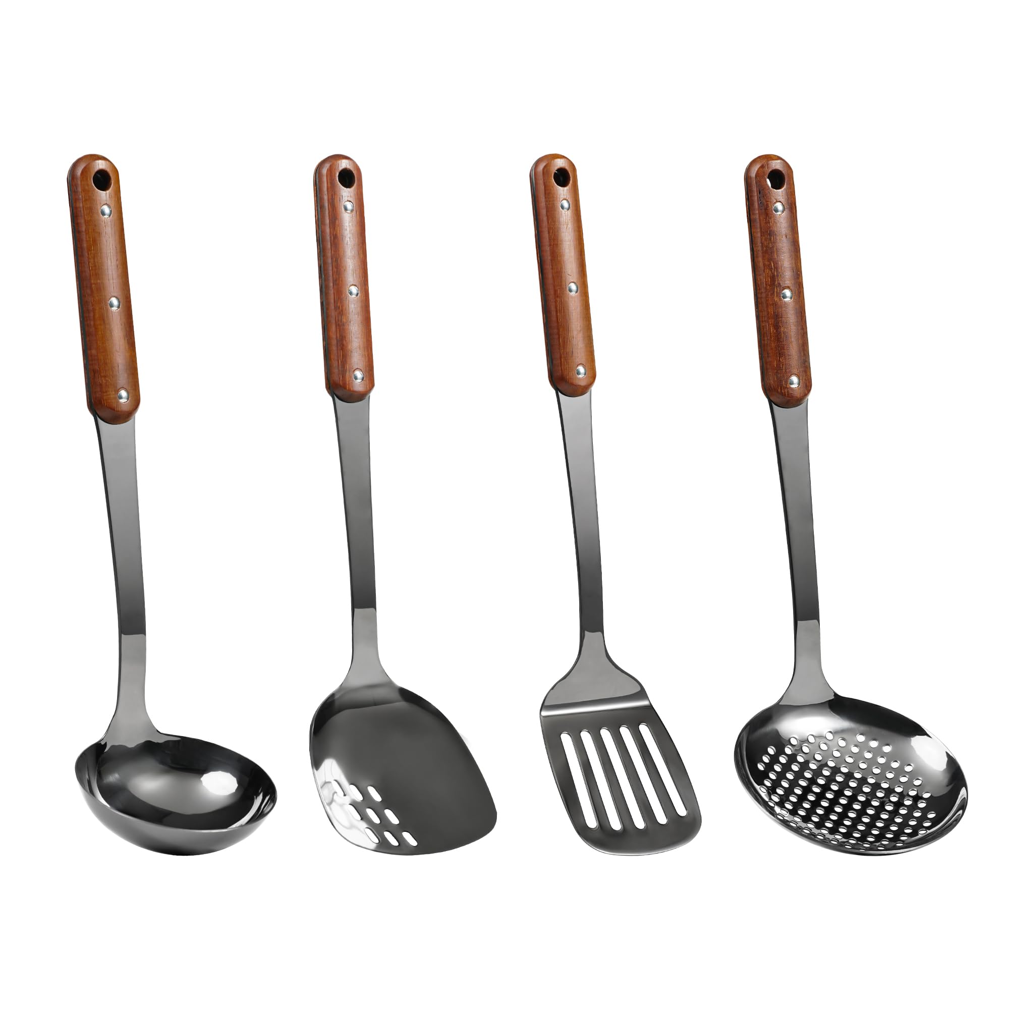 FJNATINH Stainless Steel Wok Spatula,Slotted Spatulas,Ladle,Skimmer Ladle Tool Set,Mirror Polished Cooking Utensils Kitchen Cookware, Pack of 4,Black