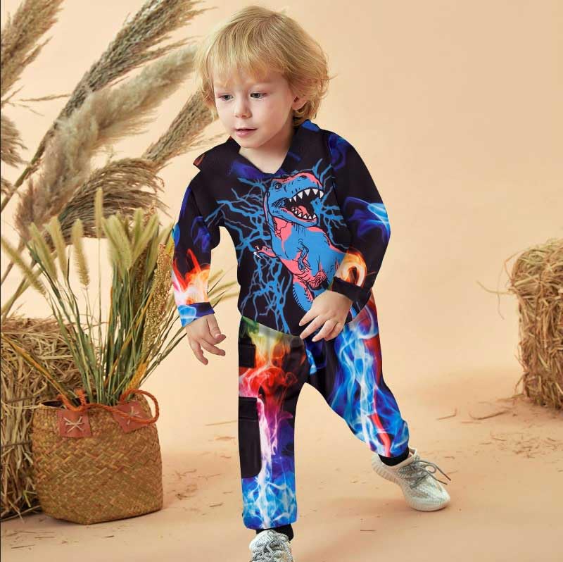 Image of Toddler Boy Fall and Winter Clothes Long Trousers + Hooded Sweatershirts Dinosaur Suit Two-piece Set