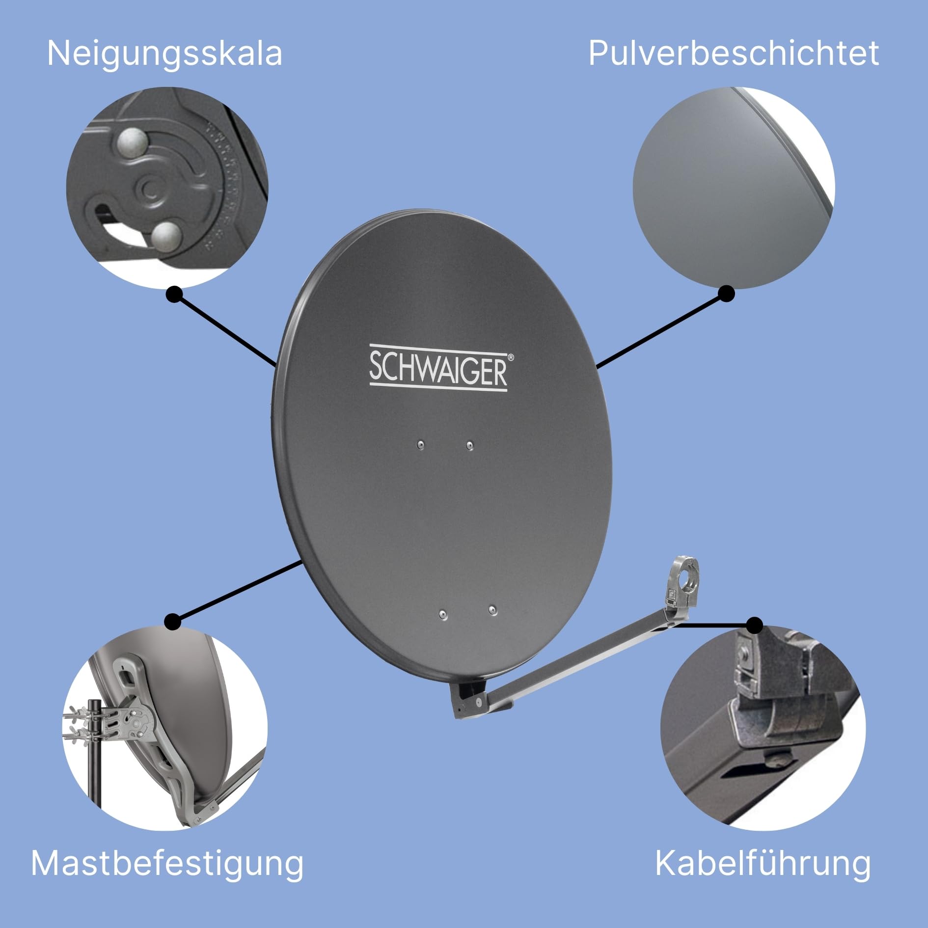 SCHWAIGER -128- Satellietschotel | 55 cm | Sat-antenne | met LNB-steunarm en masthouder | geïntegreerde kabelgeleiding | stalen satellietschotel | 55 x 62 cm | lichtgrijs