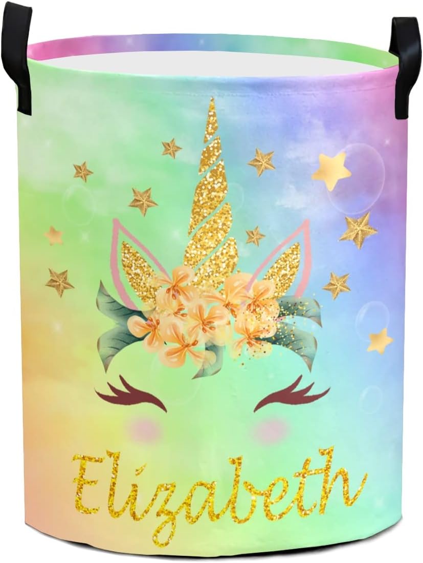 Unicorn Laundry Basket Personalized Unicorn Hampers Custom Laundry Basket with Name for Baby Boys Girls Collapsible Storage Basket with Handle for Living Room