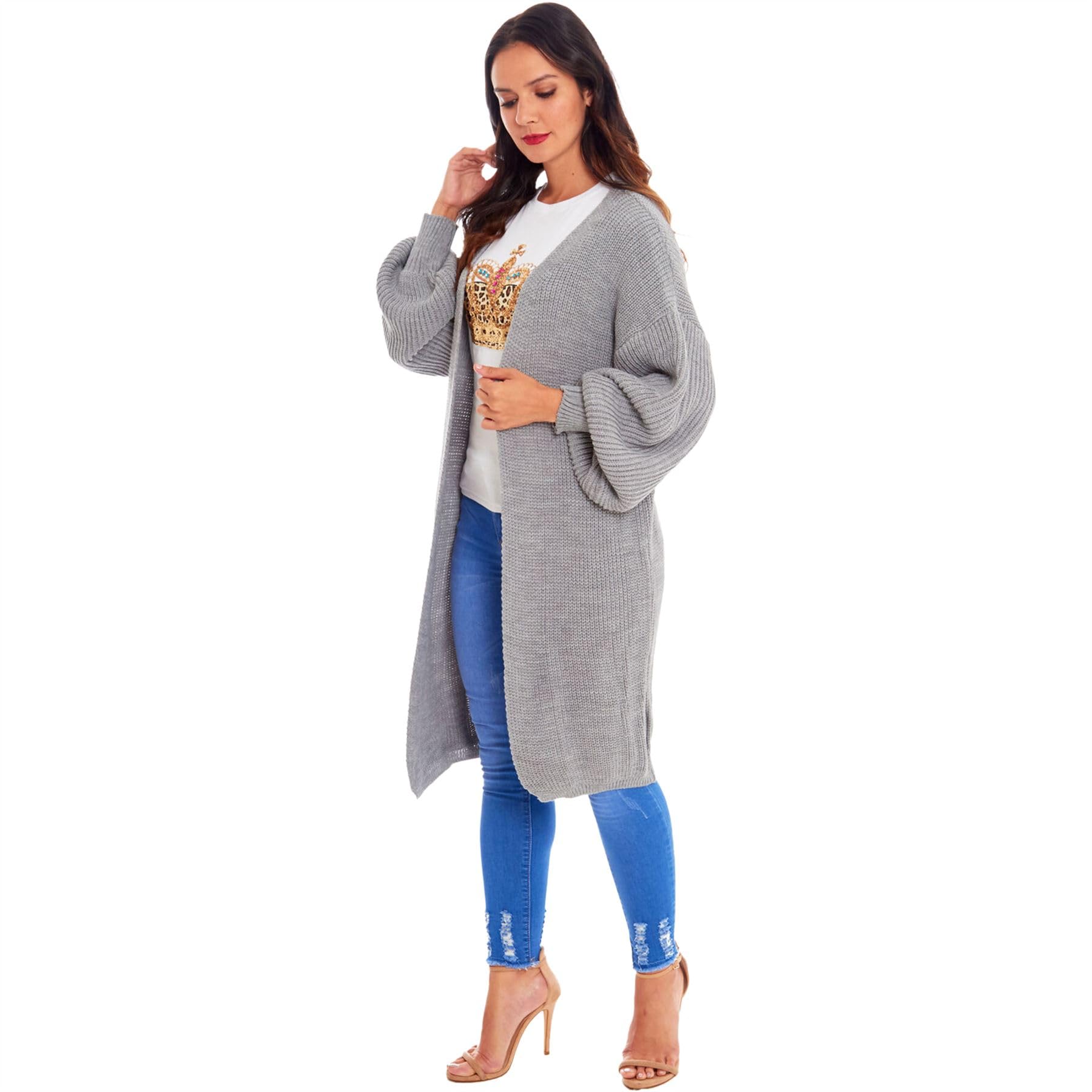 Ladies Oversized Long Cardigan Balloon Sleeve Chunky Ribbed Open Knitted Maxi Pocket Jumper Sweater