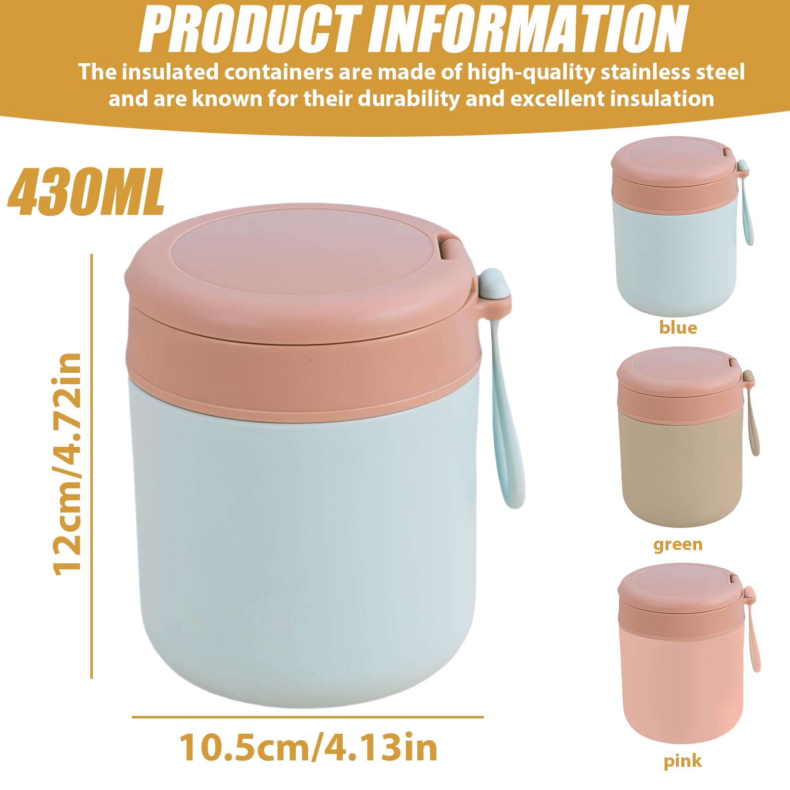 Recipiente térmico de acero inoxidable para comida: 3 cuencos térmicos con cuchara, 430 ml, aislados al vacío, termo para comida para niños, color azul, rosa y verde