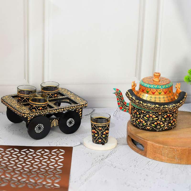 Image of Handpainted Alluminium Tea Kettle with Four Glasses and Wooden Tray for Home Dcor Tea Party Serving -03