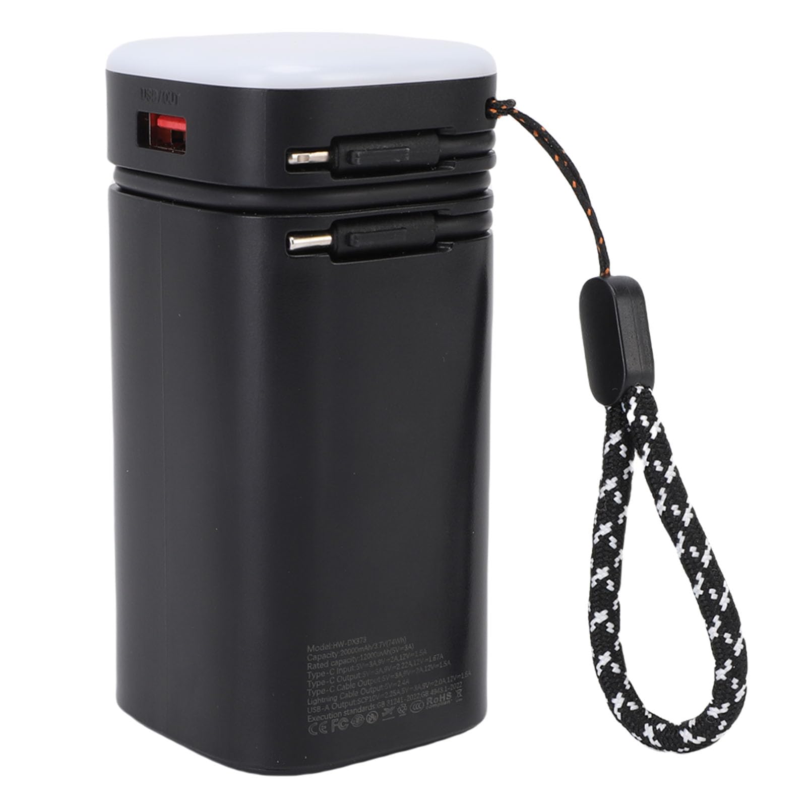 Fdit Power Bank da 20000 MAh con Cavo Integrato PD Caricatore Portatile a Ricarica Rapida da 22,5 W 3 luminosità Luce da Campeggio con 4 Uscite per i Viaggi