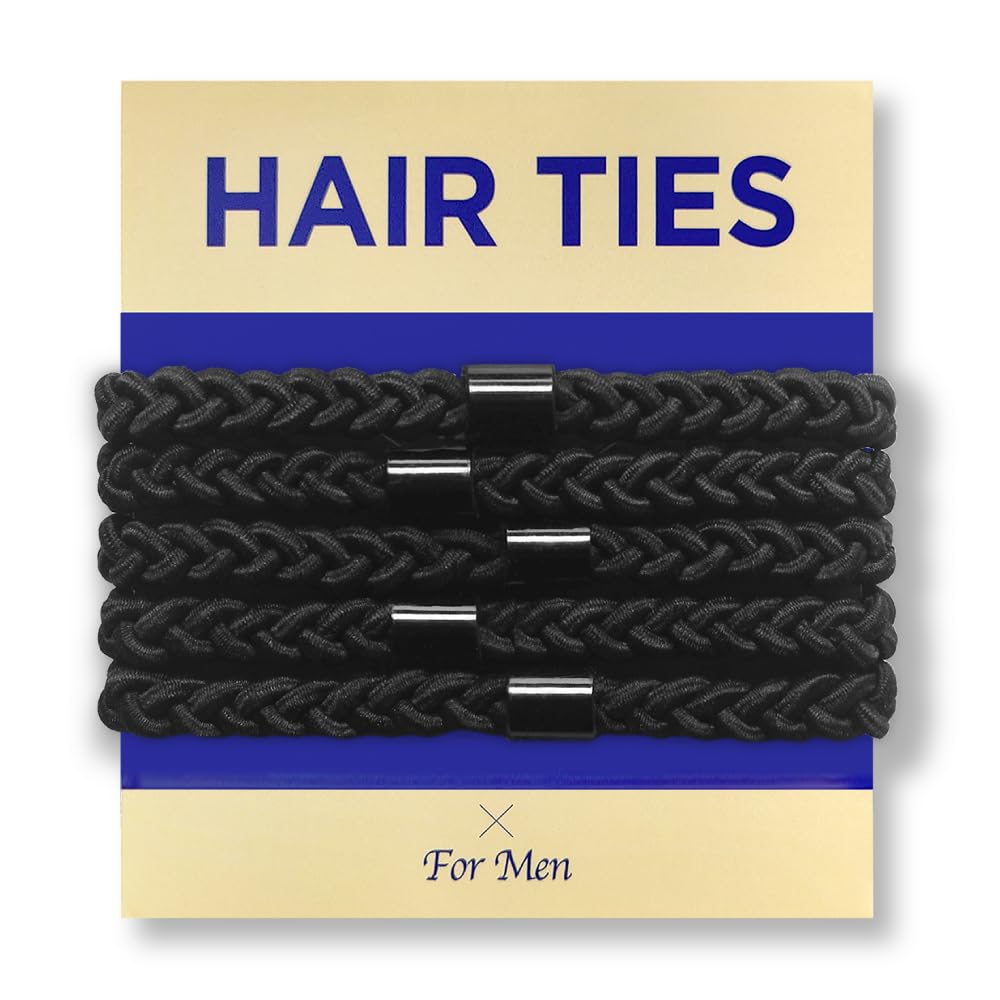 Braided Mens Hair Ties For Men - For Buns Curly Thick Dense Hair Elastic Hair Ties For Guys | No damage Crease Breakage Black 5 Count (Pack of 1)