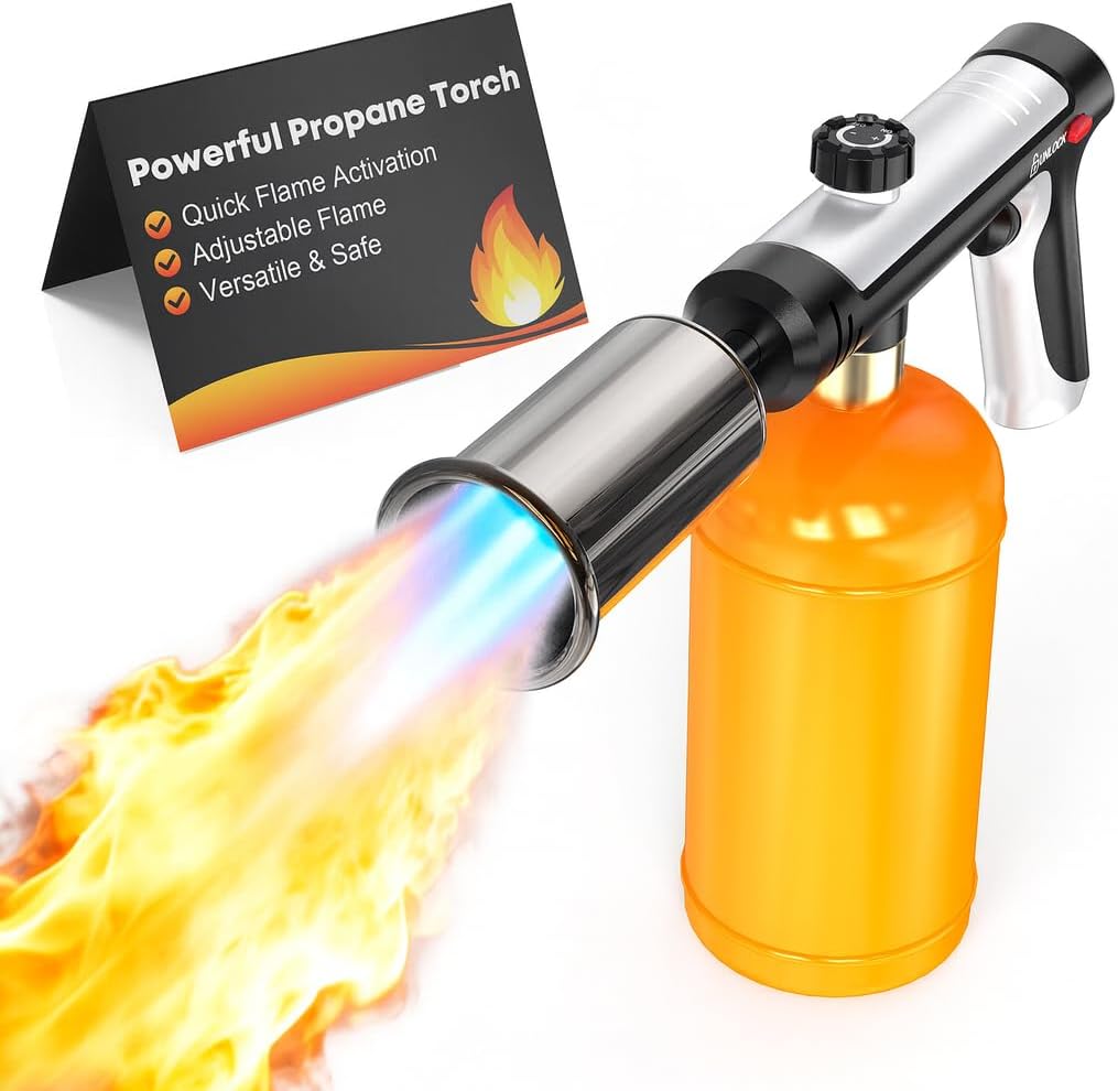 Propane Torch Gun with One-Touch Max Fire – Heavy-Duty Flame Thrower for BBQ, Steak Searing & Charcoal Lighting, Adjustable Turbo Flame Safety Lock (Tank Not Included)