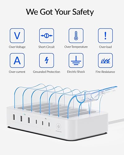Miniatura 7 de SooPii Estación de carga de 60 W para múltiples dispositivos, base de carga USB C de 6 puertos con 3 salidas de CA, 3 USB C, 3USB A, cable de