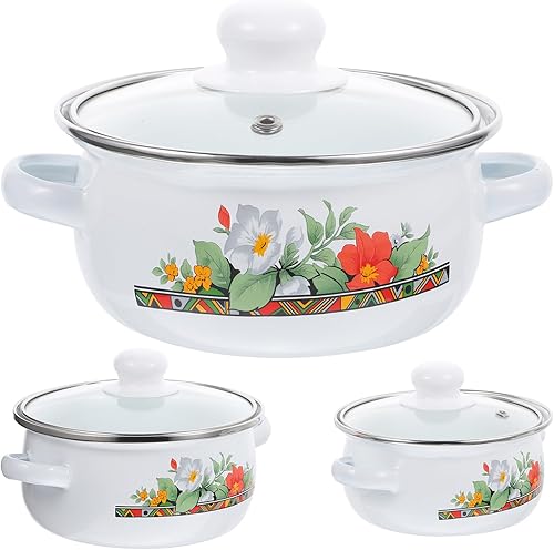 Kichvoe Olla de esmalte con tapa, olla de cocina retro de frijoles esmaltados, olla para pasta, olla de sopa vintage con doble mango para cocinas de