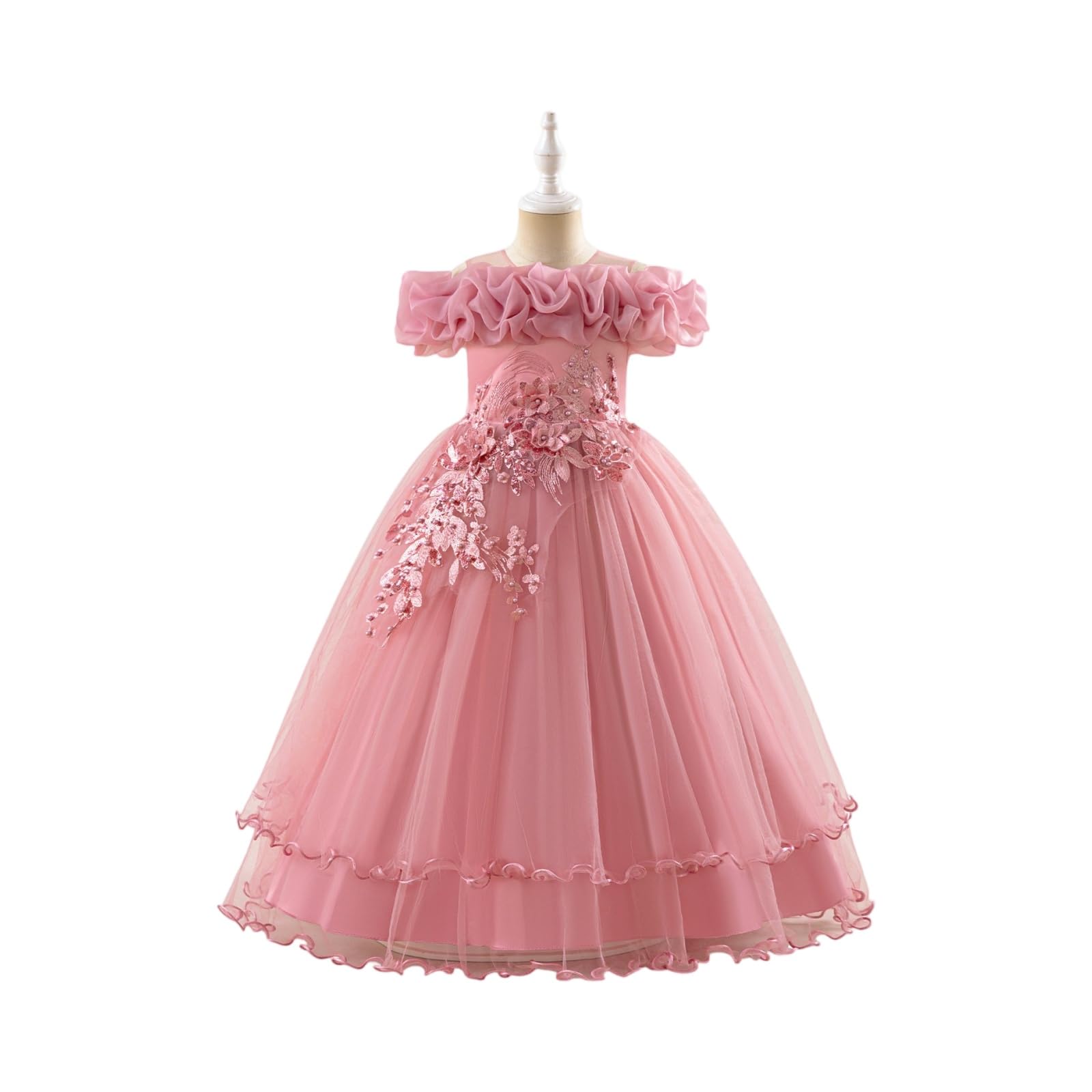 Vestido formal de tul con purpurina y hombros descubiertos para niñas, con adornos florales 3D, elegante vestido de fiesta de dama de honor con volantes, para cumpleaños, de 5 a 12 años