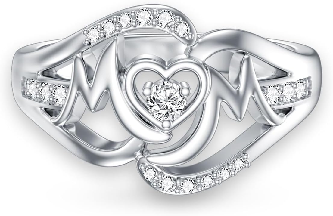 1/14 Carat Diamond Mother Ring for Women D Color VVS Clarity 18K Gold Plated 925 Sterling Silver Mothers Day Rings for Mom