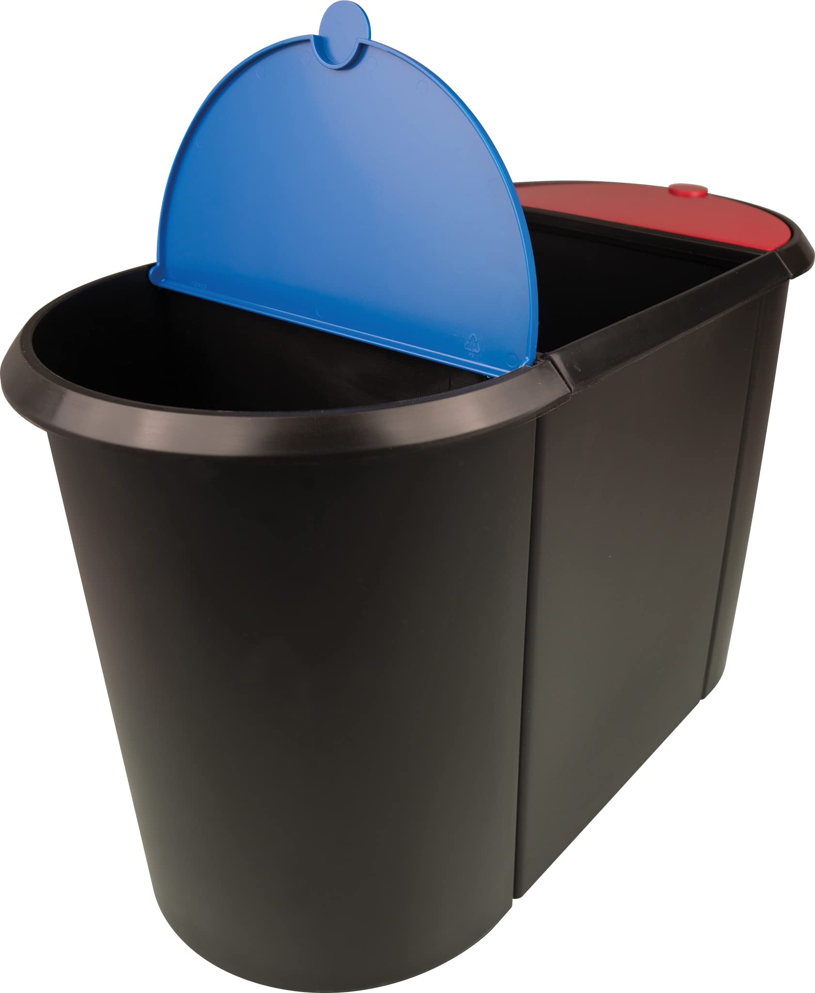 helit H6103597 - Papierkorb „the triple“, oval, umlaufender Griffrand, schwarz / rot / blau, Mülleimer 3 Fächer | Mülleimer mit 3 Fächern und umlaufendem Griffrand zur Mülltrennung