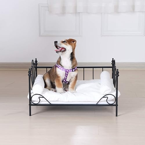 Miniatura 4 de Babyland Cama para perro, sofá cama para mascotas con marco de metal y cojín de terciopelo blanco separado con 2 almohadas para mascotas pequeñas