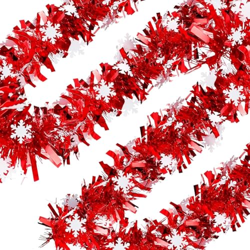 SULOLI Ghirlanda Natalizia,10 Metri Ghirlanda Artificiale,Ghirlande di Orpelli per Porta,Decorazioni Albero di Natale (Rosso Con Fiocchi di Neve)