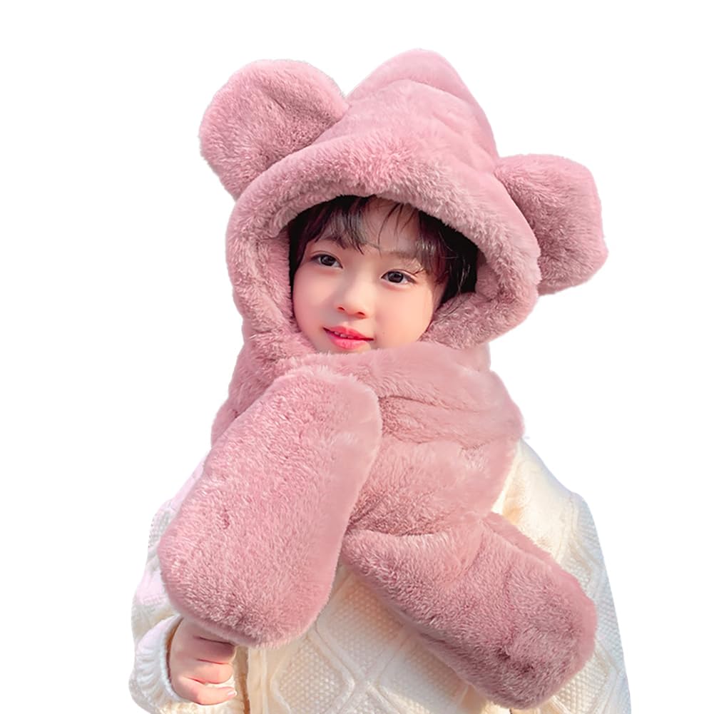Girls Winter Faux Fur Bear Ear Hood Hat Scarf Gloves 3 in 1 Cute Fuzzy Ears Pocket Hoodie Beanie Cap for 6-10 Years
