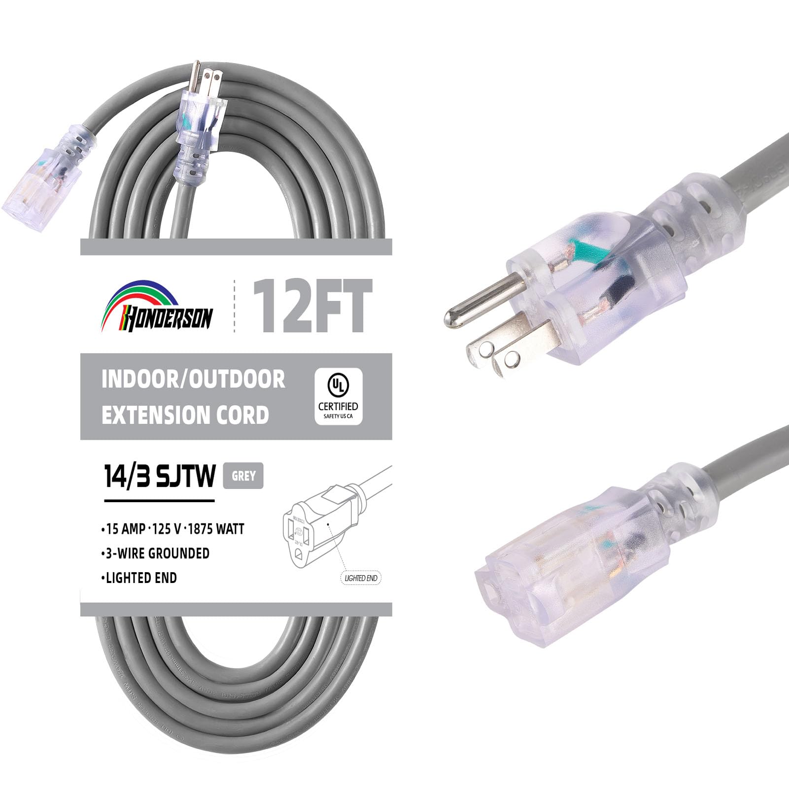 Cable de extensión para exteriores con iluminación de 12 pies, 14/3 – Calibre 14 3 puntas SJTW resistente cable de extensión gris con enchufe de 3 puntas para mayor seguridad, listado UL