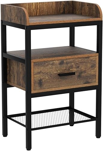 Miniatura 13 de Juego de 2 mesitas de noche, mesa auxiliar de 3 niveles con cajón y estante de almacenamiento, mesita de noche industrial con patas ajustables,