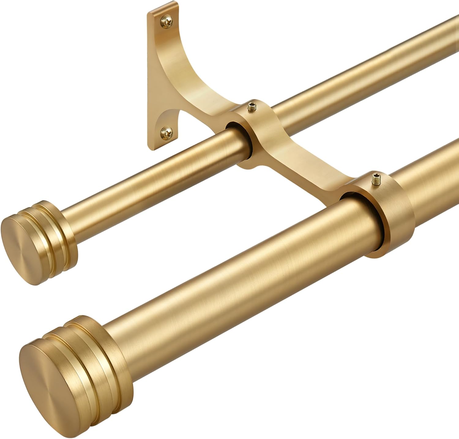 Double Curtain Rods with Aluminum End Cap and Full Enclosure Brackets, 1- Inch Front and 5/8 Inch Back Window Rod, Dual Drapery Rods Adjustable from 36 to 72 Inches (3-6 Feet), Brushed Gold