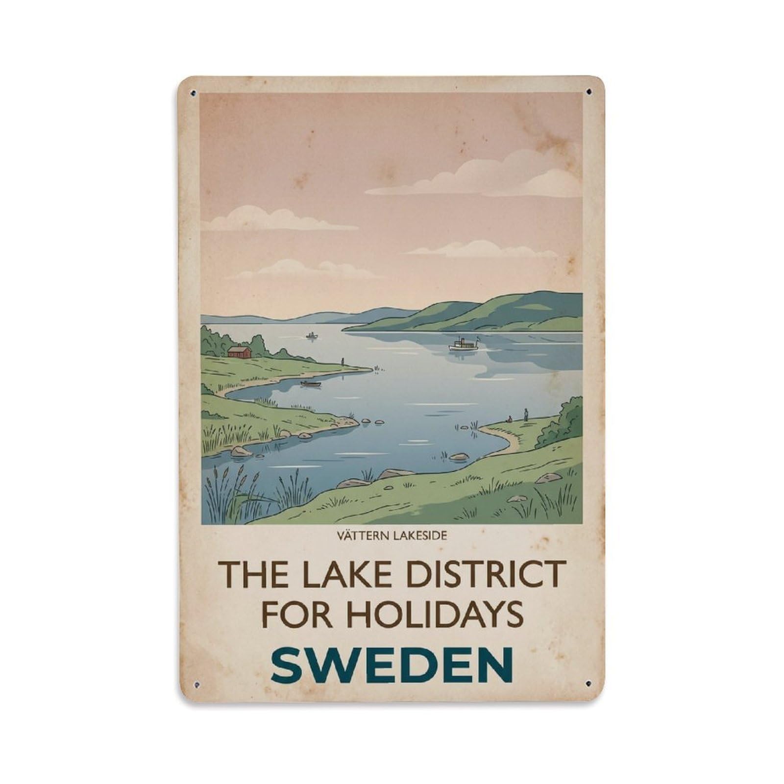 Vintage Travel Jonkoping Sweden Shores Metal Tin Sign