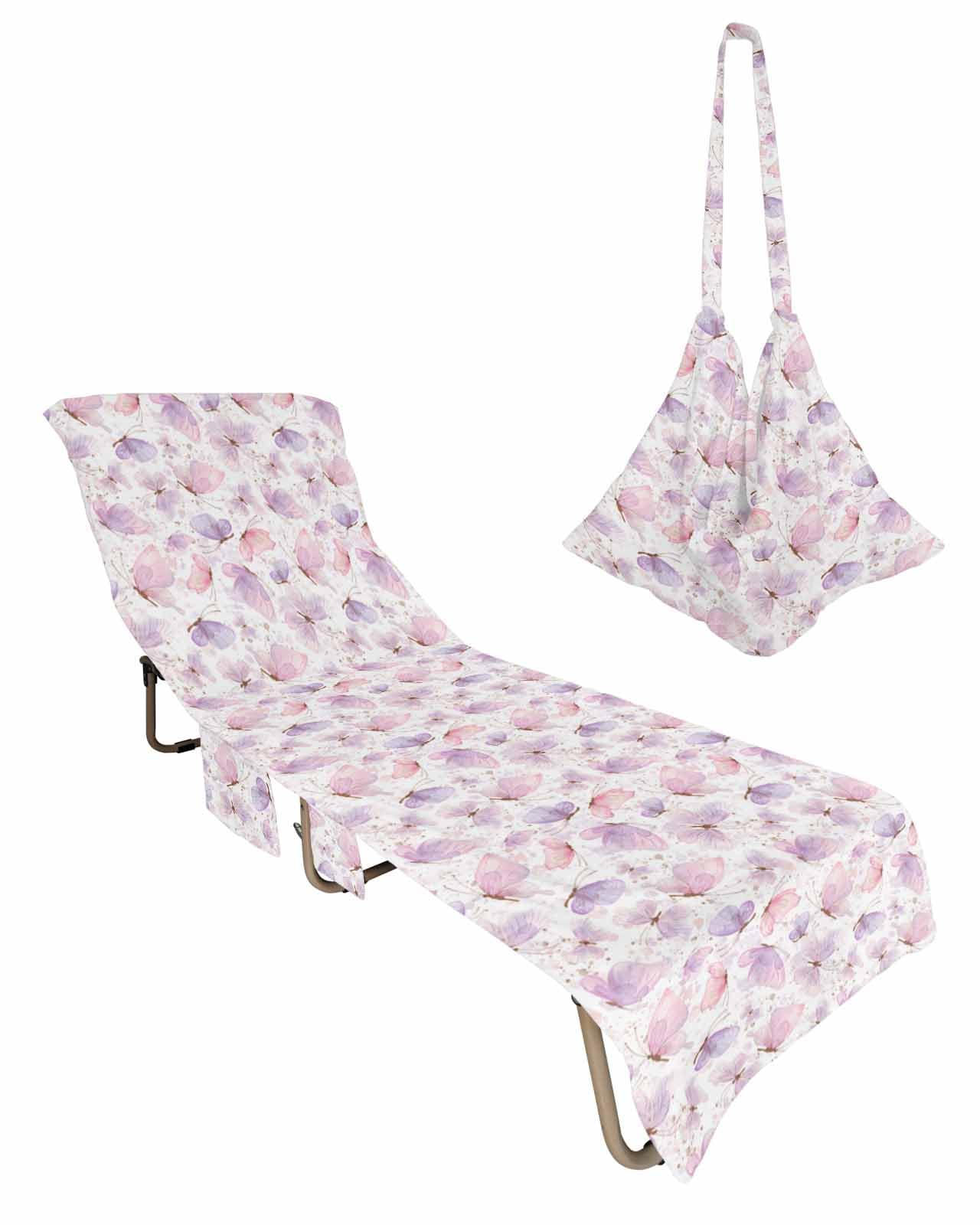 Purple Pink Beach Chair Cover with Side Pockets, Microfiber & Quick Dry Pool Chaise Lounge Chair Towels Covers for Sun Sunbathing Patio Garden Hotel, Spring Summer Fantasy Aesthetics Watercolor