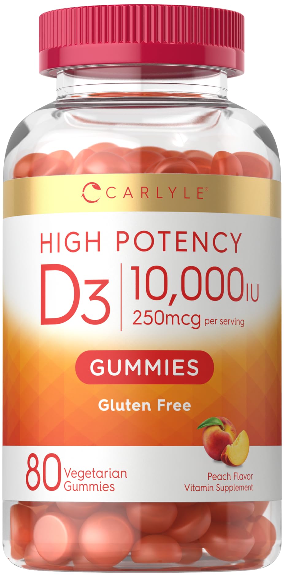 Carlyle Vitamin D3 10000iu Gummies for Adults | 80 Count | Peach Flavored Gummy | High Potency for Women & Men | Vegetarian, Non-GMO, Gluten Free Supplement