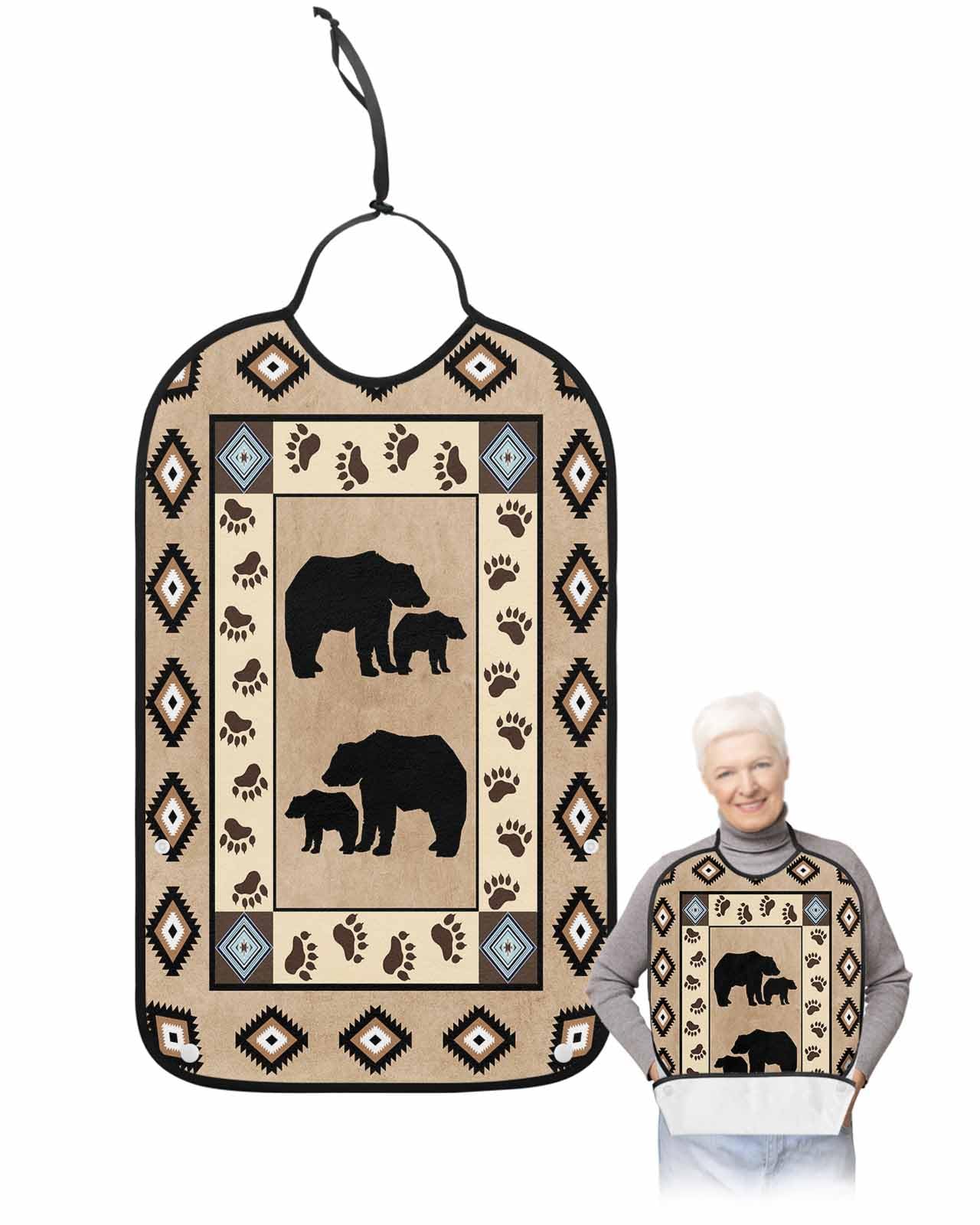 LEOKOTI Brown Southwestern Adult Bibs for Eating, Waterproof Bibs with Food Catcher & Adjustable Snap Closure, Farmhouse Bear Geometric Boho Washable Clothing Protectors Adult Bibs for Elderly