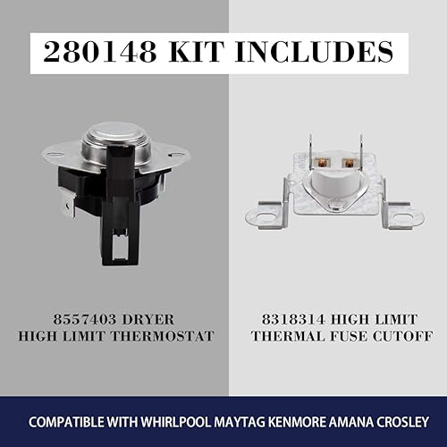 Miniatura 2 de Kit de corte térmico 280148 (versión mejorada) incluye termostato 8557403 y repuesto de fusible térmico 8318314 para secadores Whirlpool, sustituye