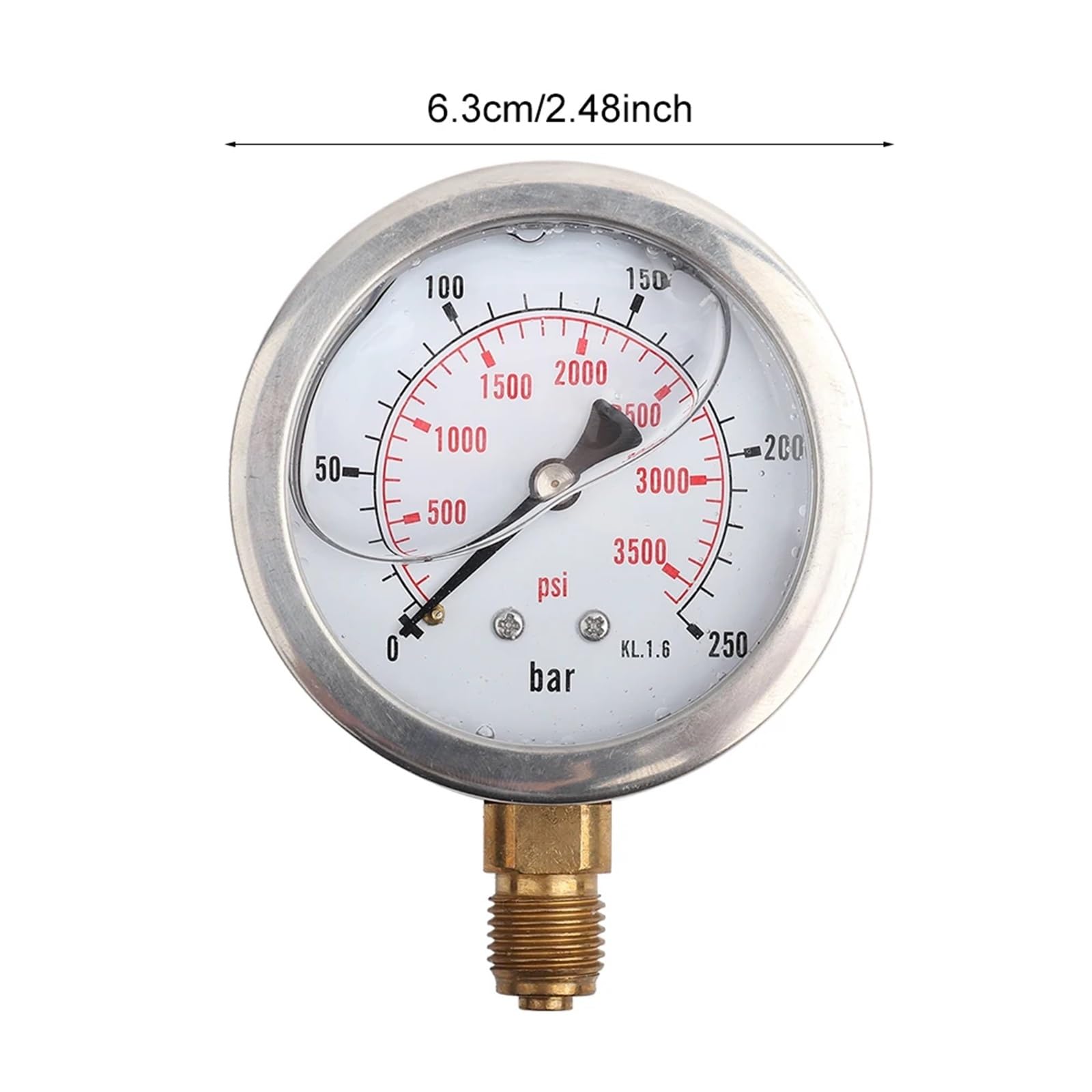 Manómetro hidráulico de 0-250 bar (0-3750 psi), rosca G1/4, 63 mm.