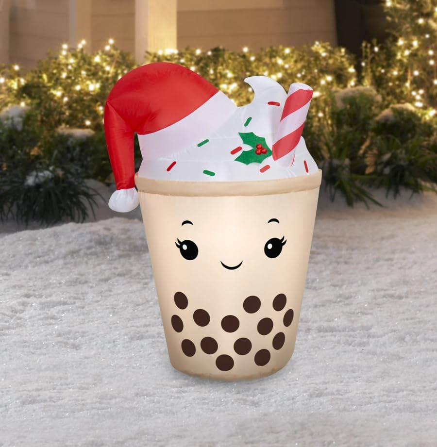 3.3ft Boba Tea Christmas Inflatable LED Holiday Outdoor Yard Blow-Up Decoration – Cute Bubble Tea Cup with Santa Hat – Includes Repair Patch