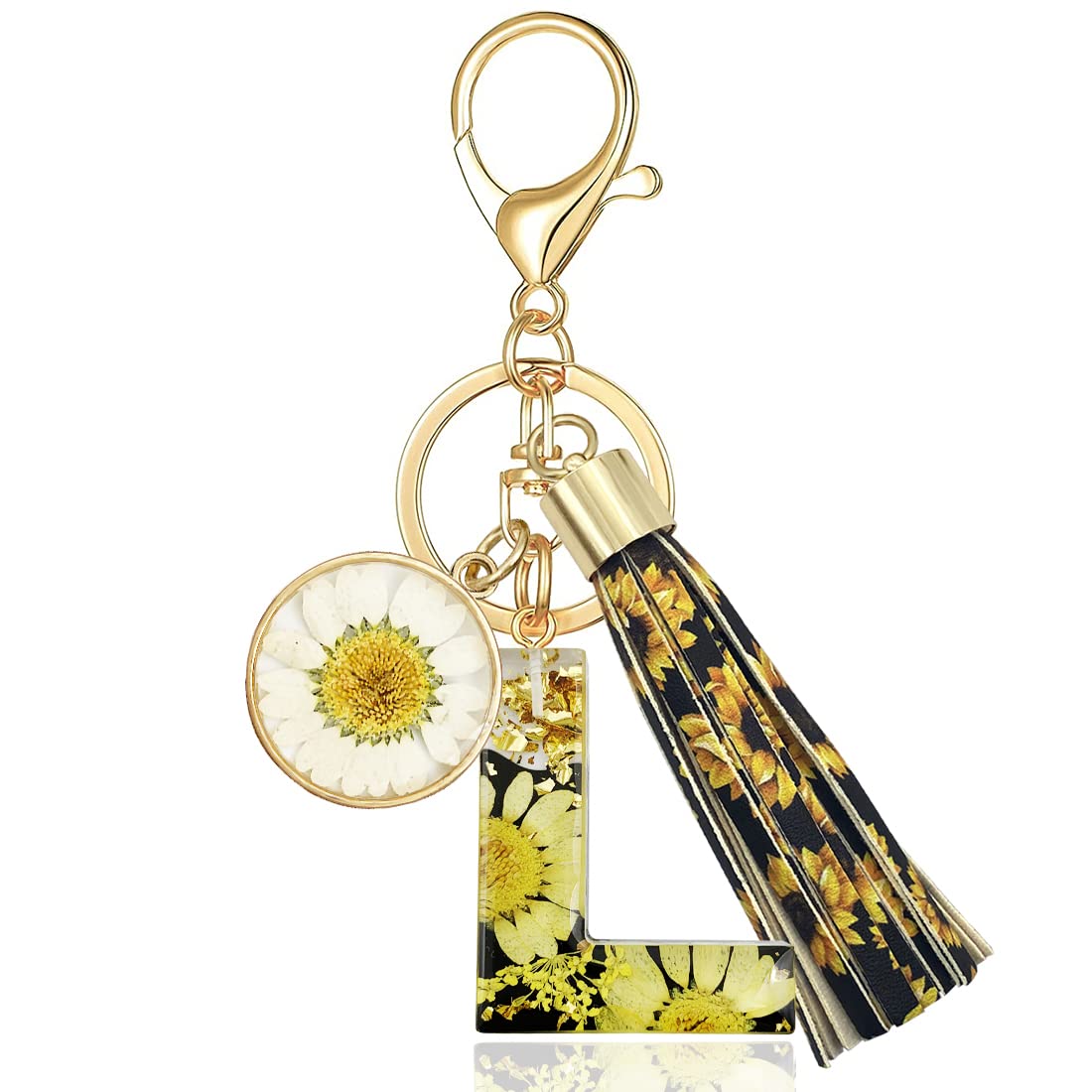 XGALBLA Alphabet Initial Letter Keychain Tassel Sunflower Initial Key Ring for Bag Charm Purse Handbags for Women Girl