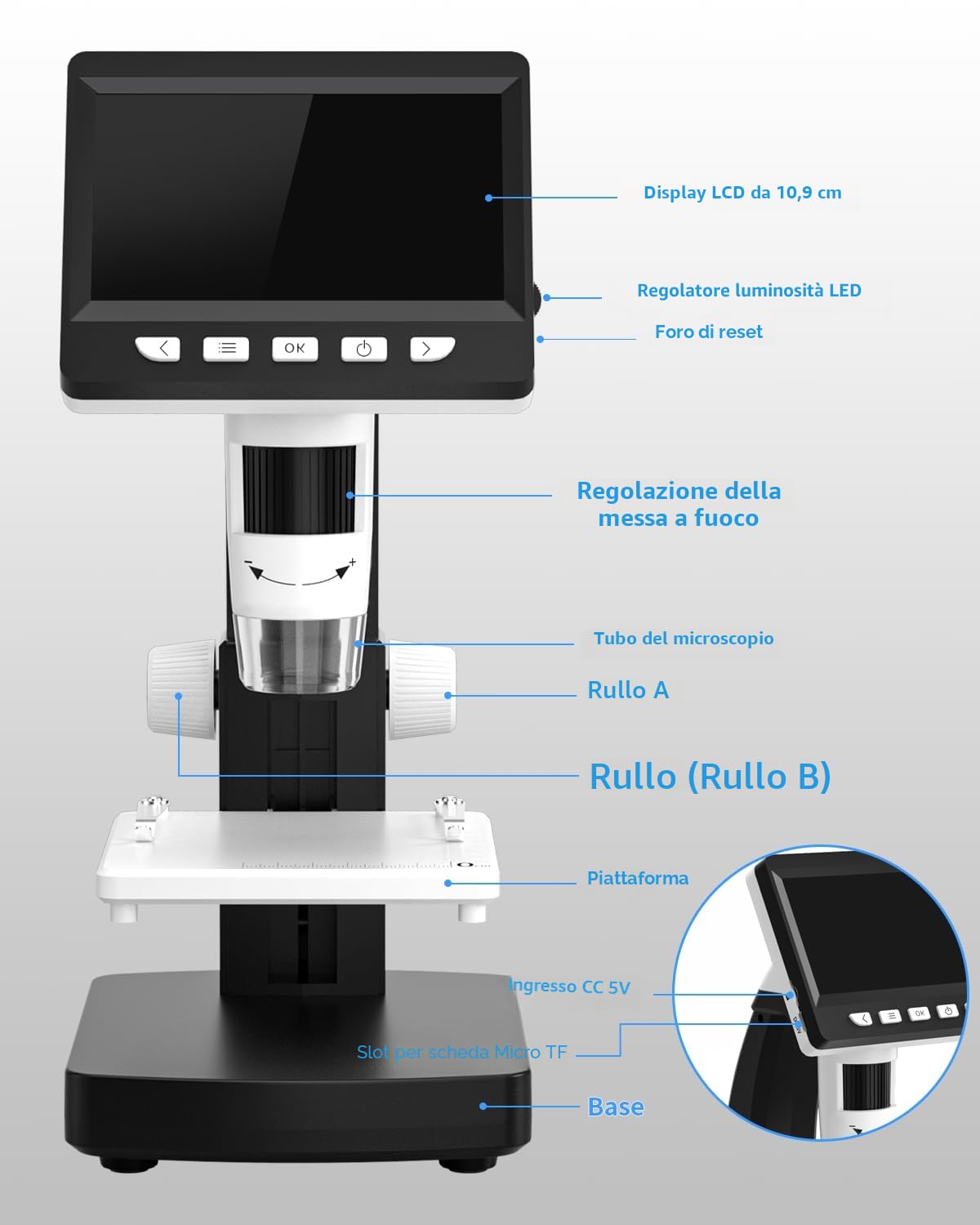 CIMELR Microscopio Digitale da 4,3 pollici, con risoluzione 50X-1000X e 8 luci LED regolabili, Microscopio per adulti (306-B)