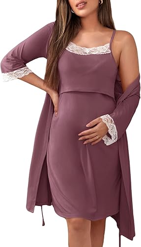 Verdusa Conjunto de camisón y bata de maternidad para mujer, sin mangas, camisón de lactancia