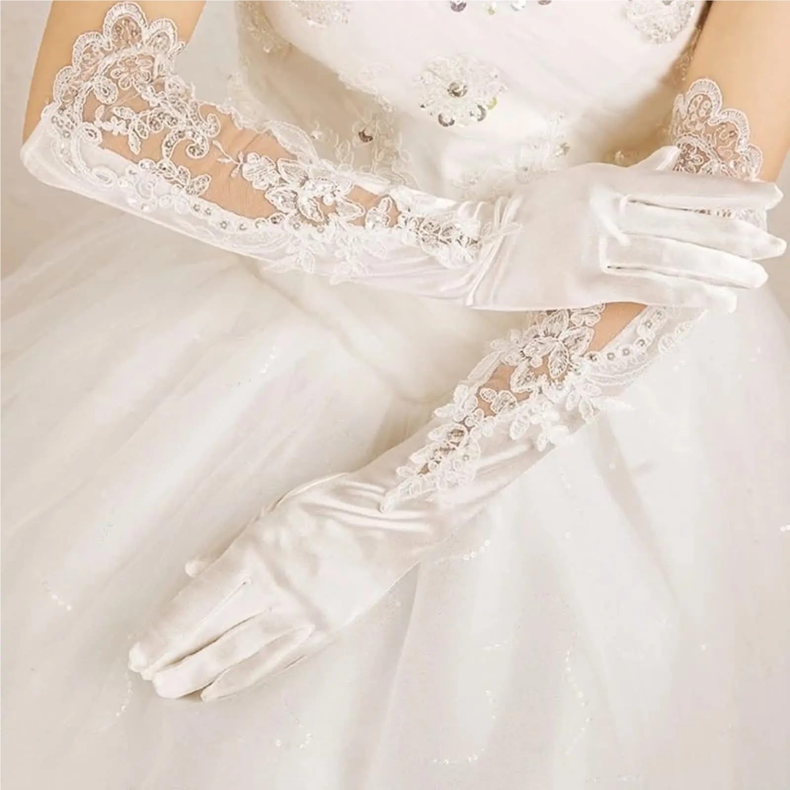 2 paia di guanti lunghi in raso, da sposa, vintage a dita intere Per Feste E Balli