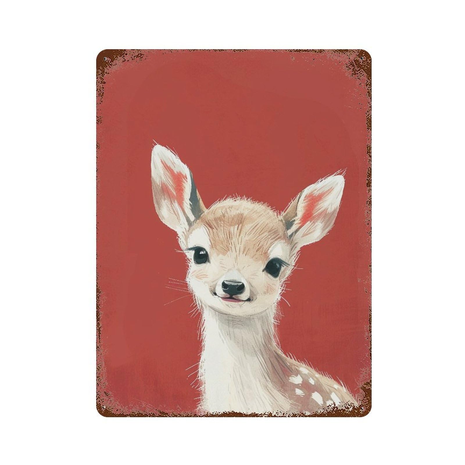 Baby Deer Illustration Aged Metal Wall Plaque 15.7"x11.8", for Pub, Kitchen And Man Cave Decor, Decorative Metal Wall Art