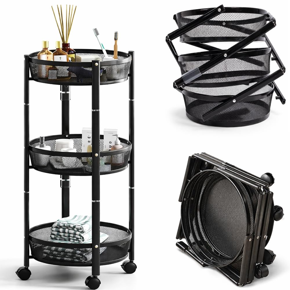 BAKAJI Carrello Pieghevole Salvaspazio Tondo a 3 Ripiani in Metallo, Carrellino Richiudibile Ergonomico Rotondo, Organizer 88 x 35 cm Ideale per Bagno, Cucina, Ufficio con 4 Ruote (Nero)